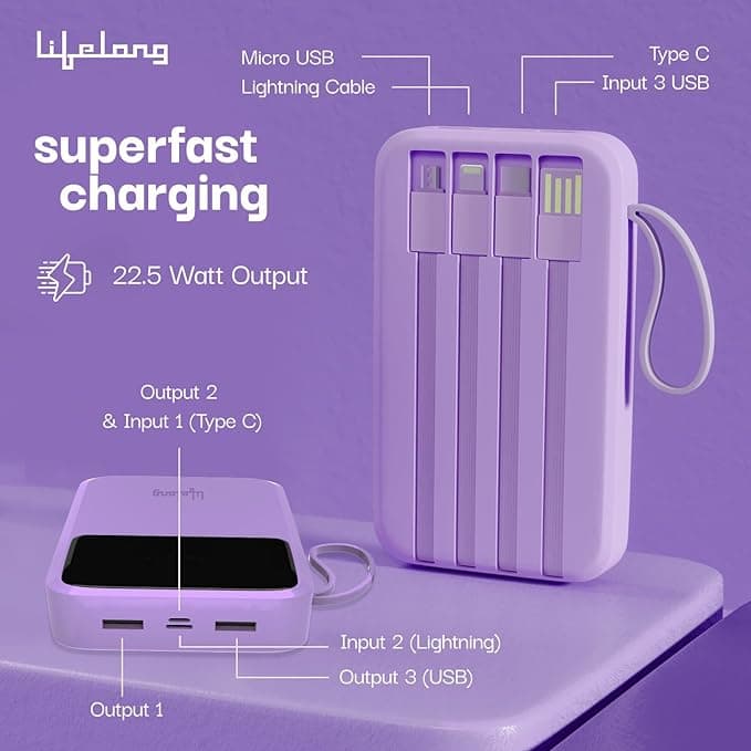 Lifelong ZenCharge 10000 mAh 22.5 W Compact Pocket Size Power Bank with 6 Input/Output Port